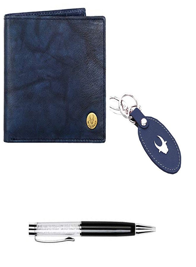 WildHorn Leather Wallet Keychain & Pen Combo for Men I Gift Hamper (GIFT2052BLU ANT+BLK S+BLU Kring) - Image 1